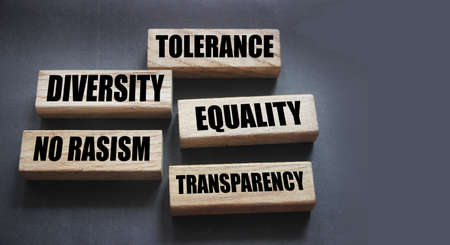 Tolerance, equality diversity and No rasism words on wooden blocks on gray. Social business conceptの写真素材