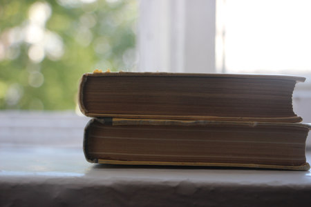 two old books put on open window with green nature landscape. Selective focus. Knowledge education conceptの写真素材