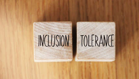 Inclusion Tolerance words written on wood blocks. social and business concept.の写真素材