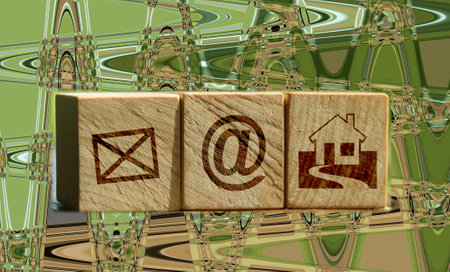 Wooden block cube symbol telephone, email, address and mobile phone. Website page contact us or e-mail marketing concept.の写真素材