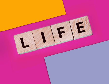 wooden cube whit the inscription Life, with on background. Safe life. Protection of life.の写真素材