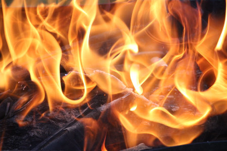 Smoldering ashes of a bonfire. Fire burns closeup at campfire.