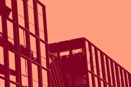 duotone graphic of city buildings in dark red and soft pink. Business city landscape.