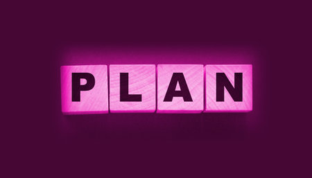 Wooden cube block s with word plan. Business planning concept.の写真素材