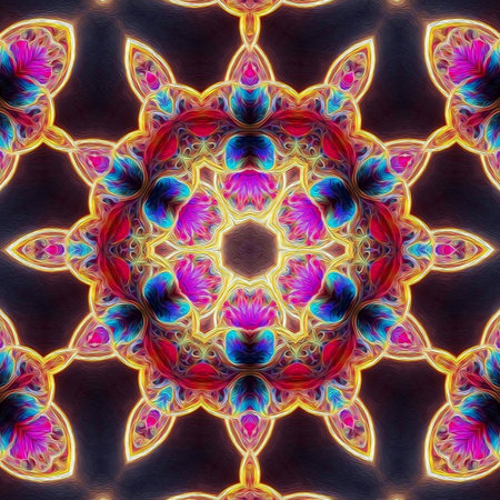 Magic mystic fantasy fractal. Esoteric neon glowing geometric mandala. Kaleidoscopic background.