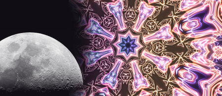 Moon and magic neon glowing geometric mandala fantasy fractal. Abstract background.