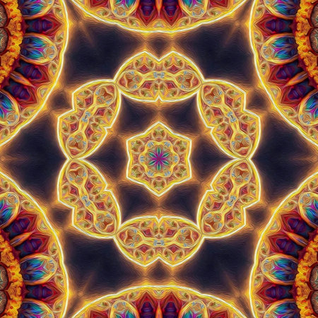 Magic mystic fantasy fractal. Esoteric neon glowing geometric mandala. Kaleidoscopic background.