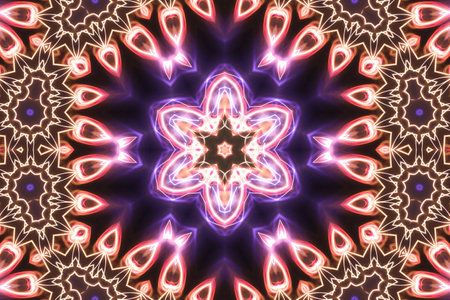 Magic mystic fantasy fractal. Esoteric neon glowing geometric mandala. Kaleidoscopic background.の写真素材