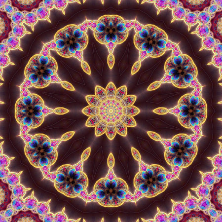 Magic mystic fantasy fractal. Esoteric neon glowing geometric mandala. Kaleidoscopic background.の写真素材