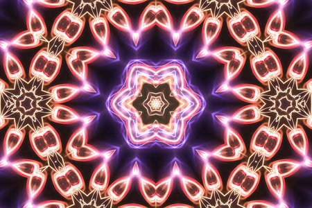 Magic mystic fantasy fractal. Esoteric neon glowing geometric mandala. Kaleidoscopic background.の写真素材