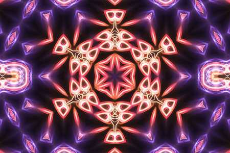 Magic mystic fantasy fractal. Esoteric neon glowing geometric mandala. Kaleidoscopic background.の写真素材