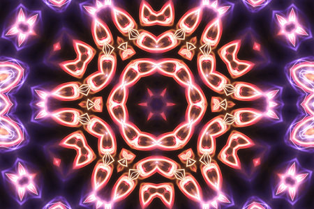 Magic mystic fantasy fractal. Esoteric neon glowing geometric mandala. Kaleidoscopic background.の写真素材