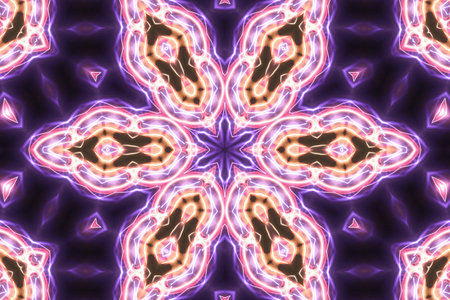 Magic mystic fantasy fractal. Esoteric neon glowing geometric mandala. Kaleidoscopic background.の写真素材
