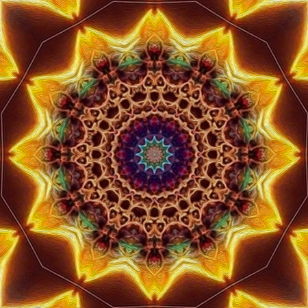 Magic mystic fantasy fractal. Esoteric neon glowing geometric mandala. Kaleidoscopic background.の写真素材