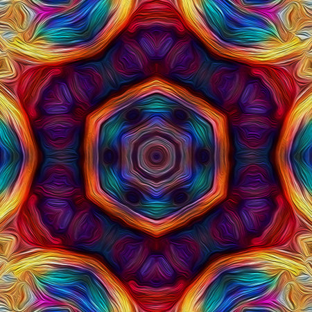 Magic mystic fantasy fractal. Esoteric neon glowing geometric mandala. Kaleidoscopic background.の写真素材