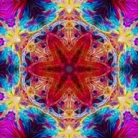 Magic mystic fantasy fractal. Esoteric neon glowing geometric mandala. Kaleidoscopic background.の写真素材