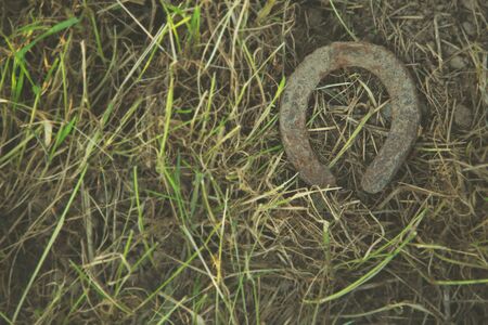 Old Horseshoe or Cow Shoe on the ground of a fieldの写真素材