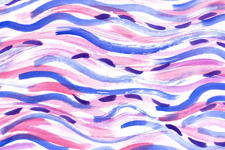 Abstract striped watercolor background. Brush smears in blue, violet, purple and pink colors. Dashed...