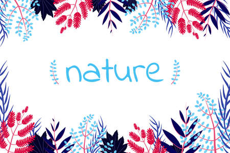 Tropical blue and violet plant vector frame template. Nice hand drawn illustration with place for text for banner, postcard, card, calendar, planner, poster.のイラスト素材