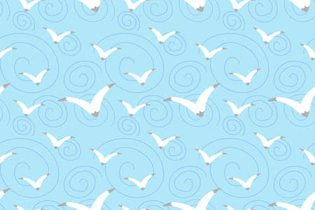 Light blue vector seamless pattern with seagulls and spirals. Flying birds illustration for fabric, textile, banner, calendar, wallpaper, background, cover, wrapping paperのイラスト素材