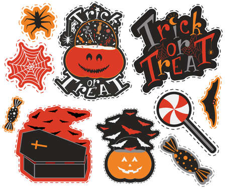 Halloween sticker pack with bats pumpkin coffin and sweets. Nice graphic items in party mood. Hand drawn vector print designのイラスト素材