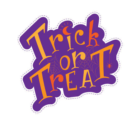 Colorful Trick or treat phrase for halloween design. Hand drawn halloween lettering with spider and web for print designのイラスト素材