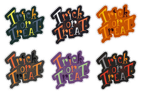 Colorful Trick or treat sticker pack for halloween design. Hand drawn halloween lettering with spider and web for print designのイラスト素材