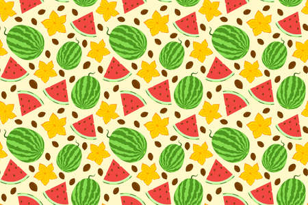 Cute watermelon seamless pattern. Whole berry with slice, flowers and seeds. Hand drawn illustration for fabric, textile, cover, wallpaper, calendar. Organic vegetarian food backdrop.のイラスト素材