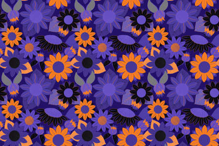 Dark purple and violet sunflower seamless pattern. Summer night floral background for prints,...