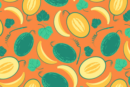 Ripe yellow melon seamless pattern. Whole berry with slice, flowers and seeds.