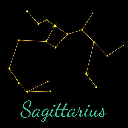 Sagittarius vector constellation with stars and name. One of twelve elements of western horoscope. Graphic elements for print designs - calendar, poster, sky map, stickerのイラスト素材