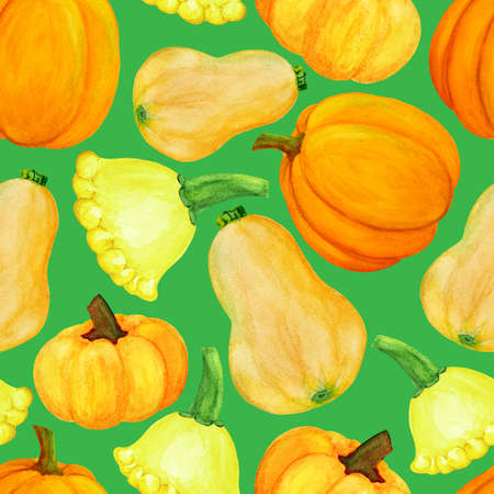 Orange and green pumpkin watercolor seamless pattern. Different pumpkin harvest autumn illustration for cover, fabric, textile, t-shirt design, wrapping, harvest festival, thanksgiving posterの写真素材