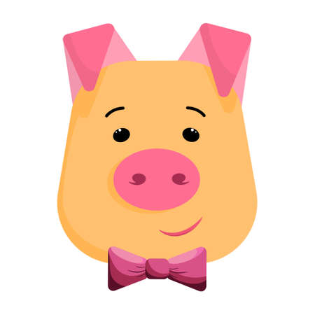 Nice piglet head with bow tie in vector. Cartoon character with smile. Pretty child illustration.のイラスト素材