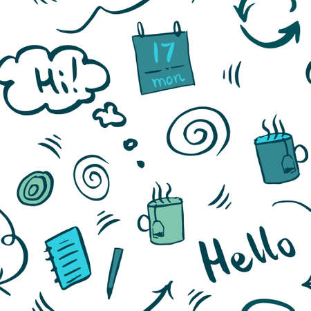 Green and blue morning office concept. Vector doodle seamless pattern with planner, meeting. Office business concept. Hand drawn monochrome illustration for notebook cover, wallpaper, fabric.のイラスト素材