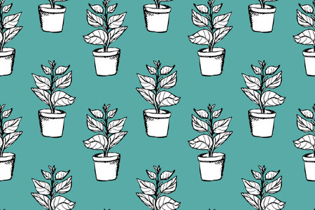 Outlined ficus plant in white pot vector seamless pattern. Hand drawn doodle house gardening pattern with monochrome botanical elements on blue background. Benjamin fig or Rubber fig element.のイラスト素材