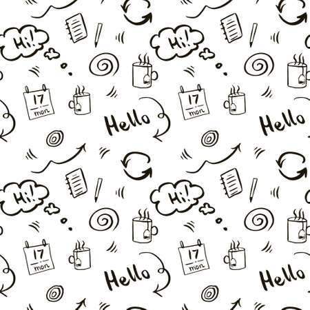 Busy morning concept. Black and white Vector doodle seamless pattern. Office business concept. Hand drawn monochrome illustration for notebook cover, wallpaper, fabric. EPS10のイラスト素材