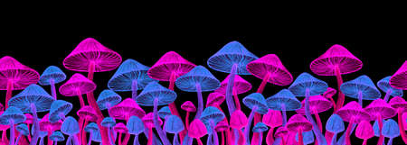 Bright toadstool fluorescent seamless border. Poisonous mushroom illustration for hippie trippy concept. Fancy print design for postcard, frame, washi tape, paper adhesive tape, ribbonの写真素材