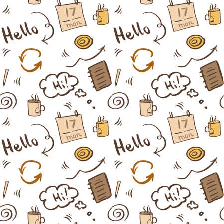 Green and blue morning office concept. Vector doodle seamless pattern with planner, meeting. Office business concept. Hand drawn monochrome illustration for notebook cover, wallpaper, fabric. EPS10のイラスト素材