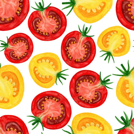 Red and yellow slice tomatoes watercolor seamless pattern. Fresh half vegetables salad isolated on white background for textile, wrapping paper, wallpaper, kitchen towels and apronの写真素材