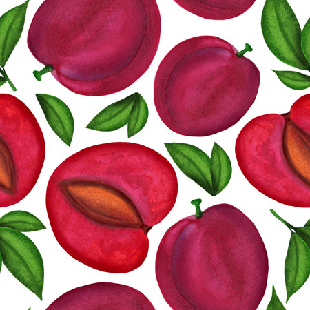 Red chinese plum watercolor seamless pattern. Fresh fruit repeated on white background with whole...