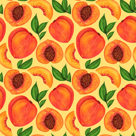 Orange peach watercolor seamless pattern. Fresh fruit repeated on yellow background with whole and...