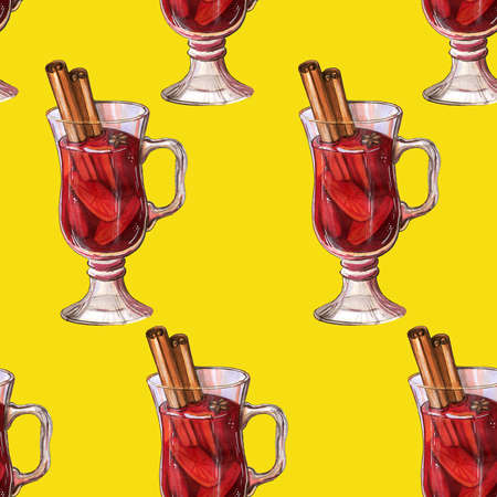 Mulled wine glass watercolor seamless pattern. Winter hot drink with cinnamon stick, anise and orange slices.の写真素材