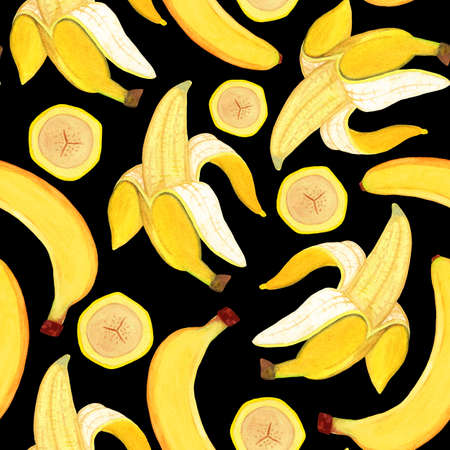 Bright banana watercolor seamless pattern on dark background. Half peeled banana with slices for textile, fabric, wrapping, cover. Side viewの写真素材