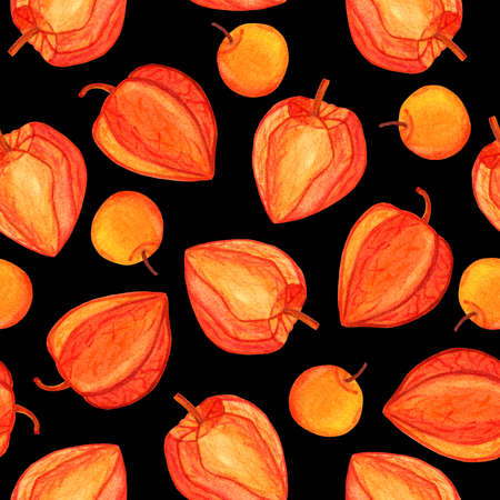 Physalis watercolor seamless pattern isolated on black background. Golden berry hand drawn illustration. Cape gooseberries for print design, kitchen supplies, wrapping paper, fabricの写真素材