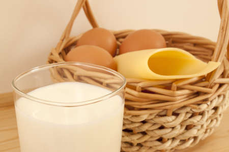Eggs, cheese and glass of milk の写真素材