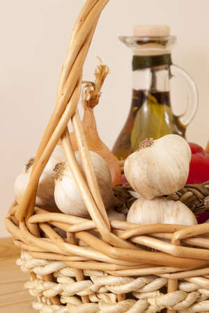 Garlic, onion, red pepper and olive oilの写真素材