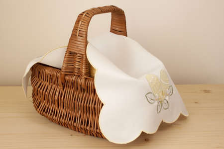 Easter basket with a white napkinの写真素材