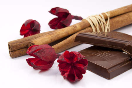 Chocolate, cinnamon and potpourri on white background の写真素材