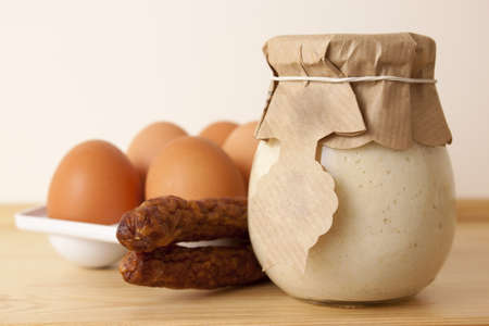 Eggs, sausages and horseradish for Easterの写真素材
