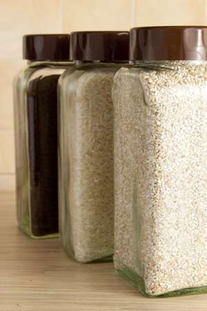 Cereals in jars in the kitchenの写真素材